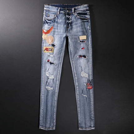 Street Style Fashion Men Jeans Retro Blue Elastic Slim Fit Destroyed Ripped Jeans Men Patches Designer Hip Hop Denim Punk Pants