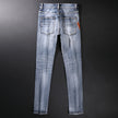 Street Style Fashion Men Jeans Retro Blue Elastic Slim Fit Destroyed Ripped Jeans Men Patches Designer Hip Hop Denim Punk Pants