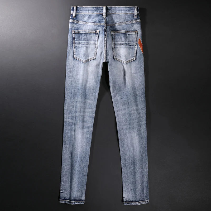 Street Style Fashion Men Jeans Retro Blue Elastic Slim Fit Destroyed Ripped Jeans Men Patches Designer Hip Hop Denim Punk Pants