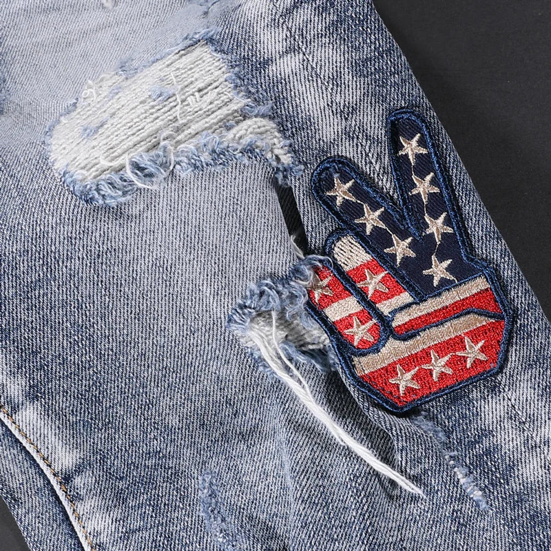 Street Style Fashion Men Jeans Retro Blue Elastic Slim Fit Destroyed Ripped Jeans Men Patches Designer Hip Hop Denim Punk Pants