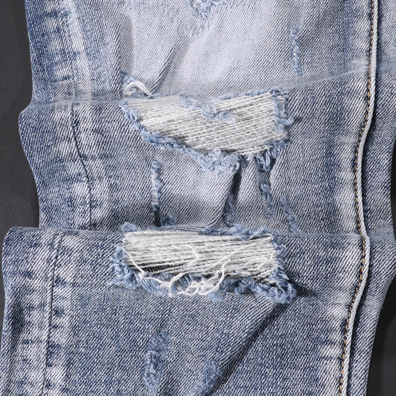 Street Style Fashion Men Jeans Retro Blue Elastic Slim Fit Destroyed Ripped Jeans Men Patches Designer Hip Hop Denim Punk Pants