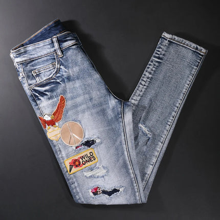 Street Style Fashion Men Jeans Retro Blue Elastic Slim Fit Destroyed Ripped Jeans Men Patches Designer Hip Hop Denim Punk Pants