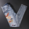Street Style Fashion Men Jeans Retro Blue Elastic Slim Fit Destroyed Ripped Jeans Men Patches Designer Hip Hop Denim Punk Pants