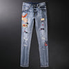 Street Style Fashion Men Jeans Retro Blue Elastic Slim Fit Destroyed Ripped Jeans Men Patches Designer Hip Hop Denim Punk Pants