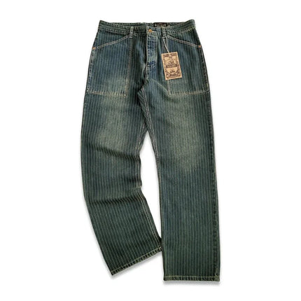 Striped Vintage Jeans for Men Straight Middle Waist Buckle Back Cargo Pants Safari Motorcycle Designer Clothes