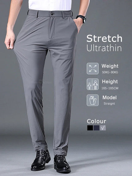 Summer Thin Stretch Trousers Men Elastic Waist Korean Classic Black Gray Blue Business  Casual Formal Pants Male Brand