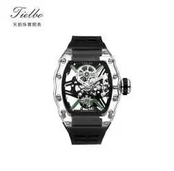 TIELBO Mechanical Tourbillon Movement Watch for Men Skeleton Crystal Integrated Type Transparent Case Wristwatches Tonneau 2024