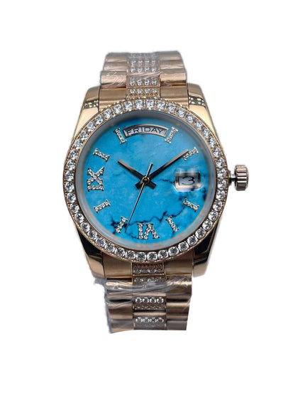 Timepiece for the Modern Lady - Ladies Diamond Face Watch, 36mm Dial, Calendar Window, Folding Buckle