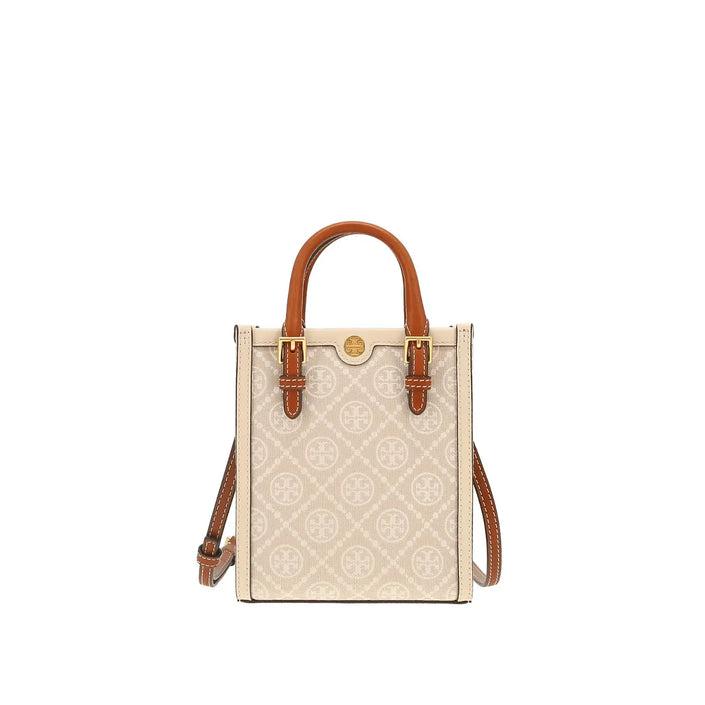 Tory Burch Counter Style T Monogram Fabric with Leather Shoulder Crossbody Satchel Tote Bag 150217