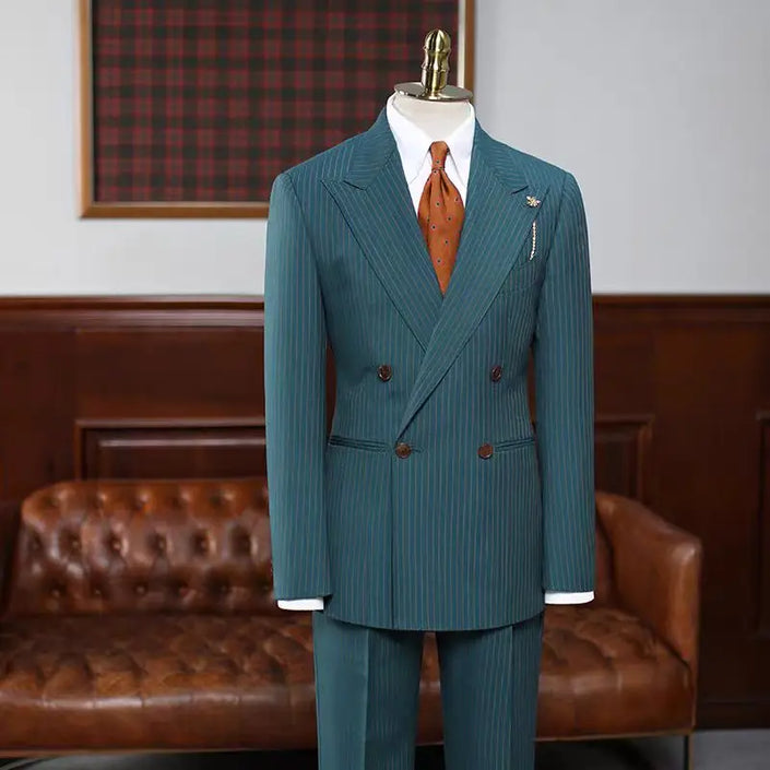 Vintage Green Gold Stripe Double Breasted Men's Suit Set Worsted Wool Blazer and Casual Suit Pants