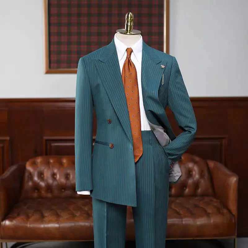 Vintage Green Gold Stripe Double Breasted Men's Suit Set Worsted Wool Blazer and Casual Suit Pants