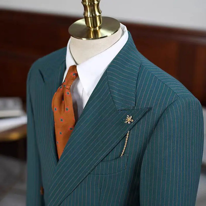 Vintage Green Gold Stripe Double Breasted Men's Suit Set Worsted Wool Blazer and Casual Suit Pants