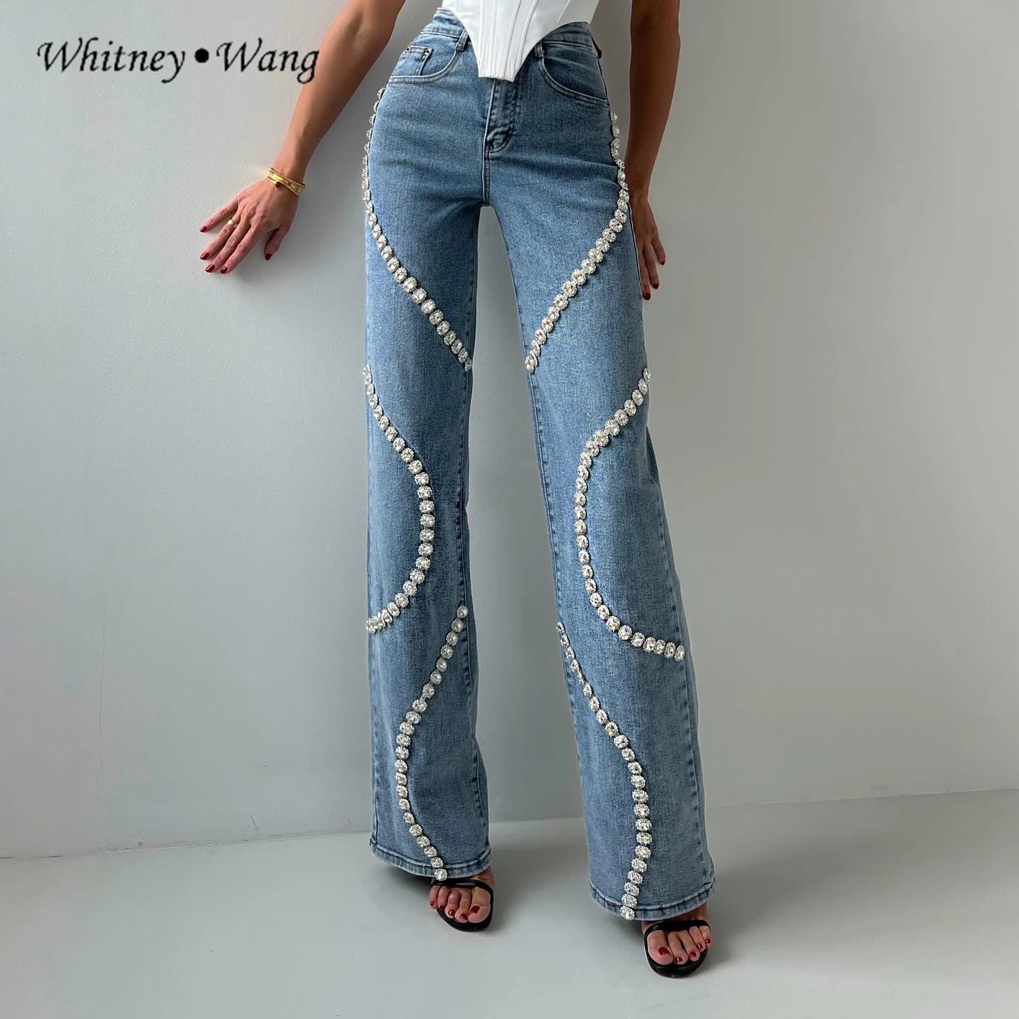 WHITNEY WANG Designer Style 2024 Spring Fashion Streetwear Diamonds Surround Jeans Women Denim Pants Size S-5XL