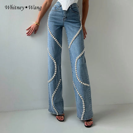 WHITNEY WANG Designer Style 2024 Spring Fashion Streetwear Diamonds Surround Jeans Women Denim Pants Size S-5XL