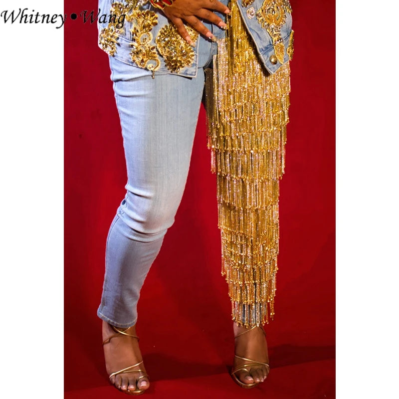 WHITNEY WANG Designer Style 2024 Summer Fashion Streetwear Bling Gold Diamonds Tassel Jeans Women Denim Pants Size S-5XL