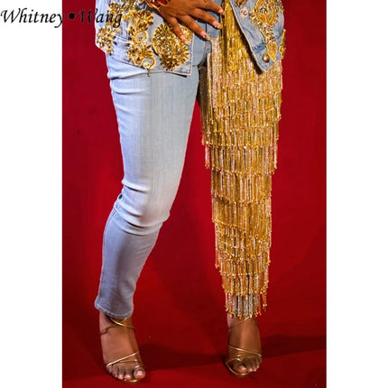 WHITNEY WANG Designer Style 2024 Summer Fashion Streetwear Bling Gold Diamonds Tassel Jeans Women Denim Pants Size S-5XL