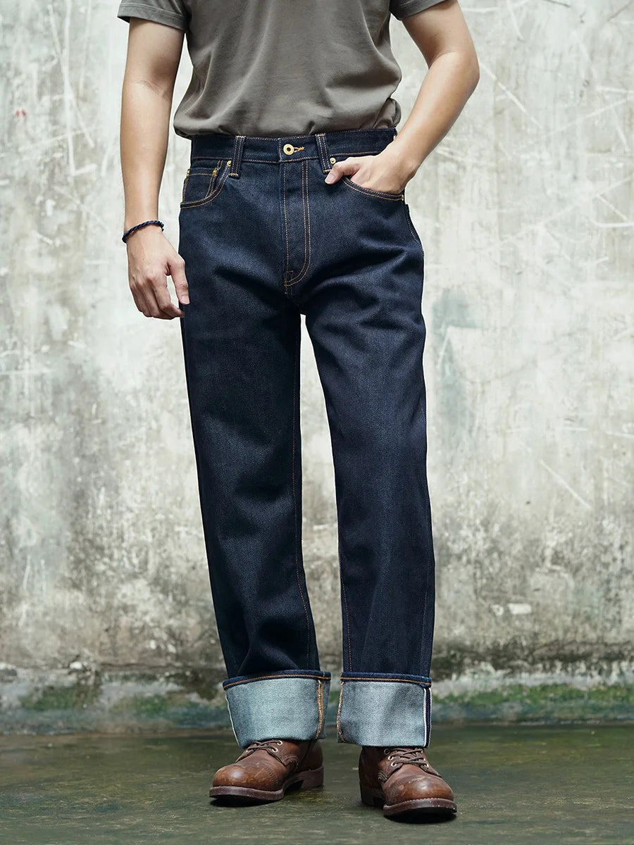 Waist Men's Jeans Middle 23OZ Heavy Weight Selvedged Denim Bukleback Straight Jeans Amekaji Cowboy Motorcycle Cargo Pants