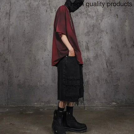 Wasteland Style Distressed Stone Washed Erosion Niche Designer Black Jeans Shorts Men's