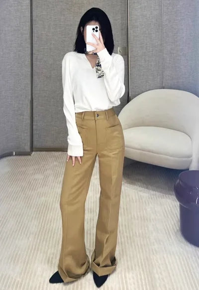 Women's Casual High Waist Jeans Khaki Trousers Flare Pants Solid Female Long Pants White