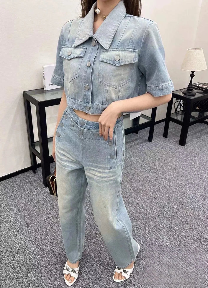 Women's new denim suit with beach style silver button high waisted straight leg jeans paired with the same short sleeved jacket