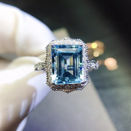ZYH Jewellery Solid 18K White Gold Nature 3.93ct Blue Aquamarine Gemstones Rings for Women Fine Jewelry Presents