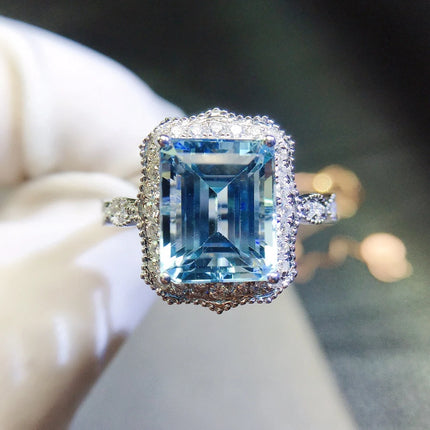 ZYH Jewellery Solid 18K White Gold Nature 3.93ct Blue Aquamarine Gemstones Rings for Women Fine Jewelry Presents