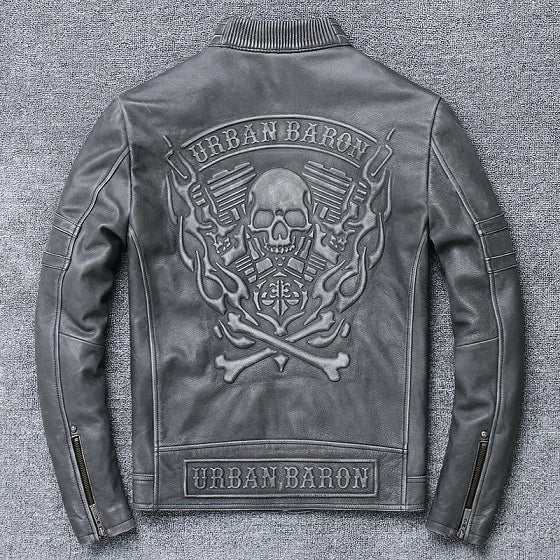 shipping.Man cool Free motor cowhide Jacket,men's genuine Leather slim biker coat.cool punk skull jackets,vintage leather jacket