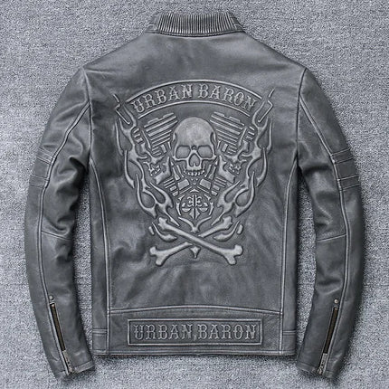 shipping.Man cool Free motor cowhide Jacket,men's genuine Leather slim biker coat.cool punk skull jackets,vintage leather jacket
