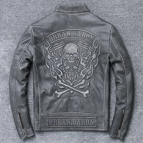 shipping.Man cool Free motor cowhide Jacket,men's genuine Leather slim biker coat.cool punk skull jackets,vintage leather jacket