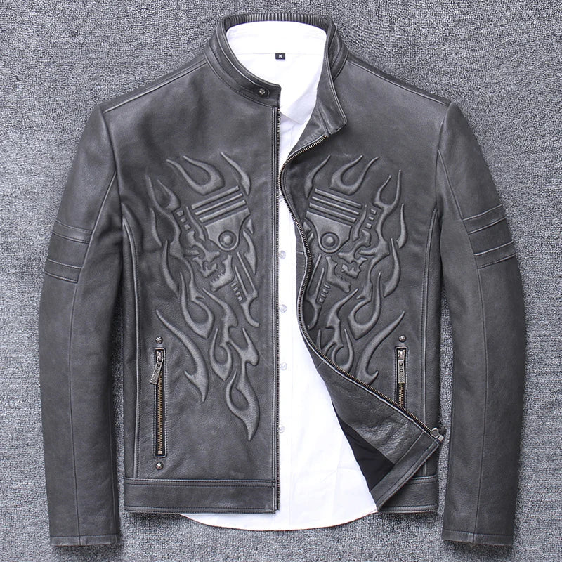 shipping.Man cool Free motor cowhide Jacket,men's genuine Leather slim biker coat.cool punk skull jackets,vintage leather jacket