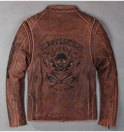 shipping.Man cool Free motor cowhide Jacket,men's genuine Leather slim biker coat.cool punk skull jackets,vintage leather jacket