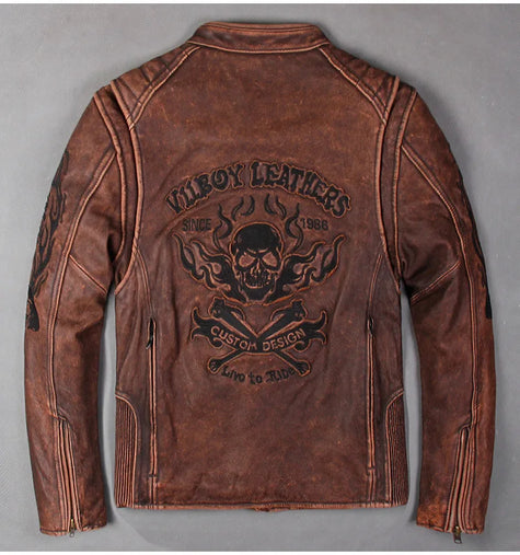 shipping.Man cool Free motor cowhide Jacket,men's genuine Leather slim biker coat.cool punk skull jackets,vintage leather jacket
