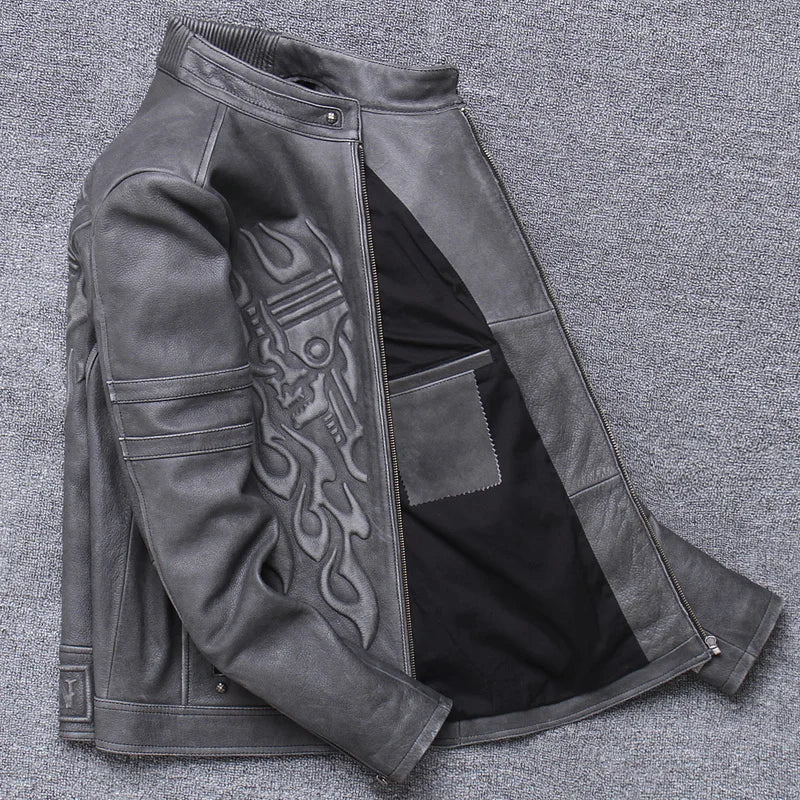 shipping.Man cool Free motor cowhide Jacket,men's genuine Leather slim biker coat.cool punk skull jackets,vintage leather jacket